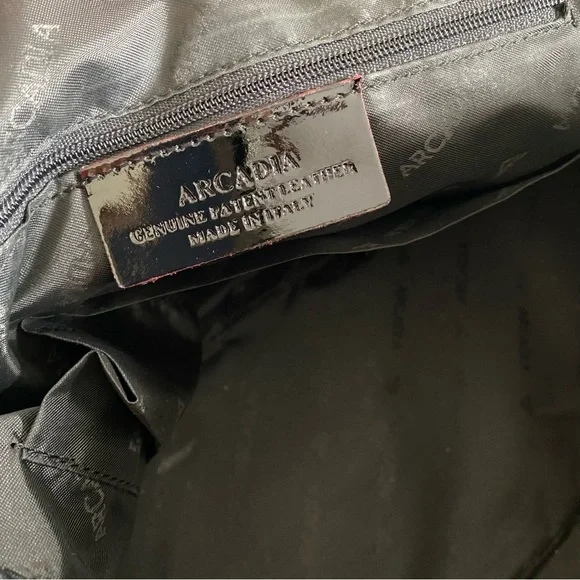Arcadia Genuine Patent Leather Made in Italy Logo Satchel Bag Black with Red - Picture 6 of 11